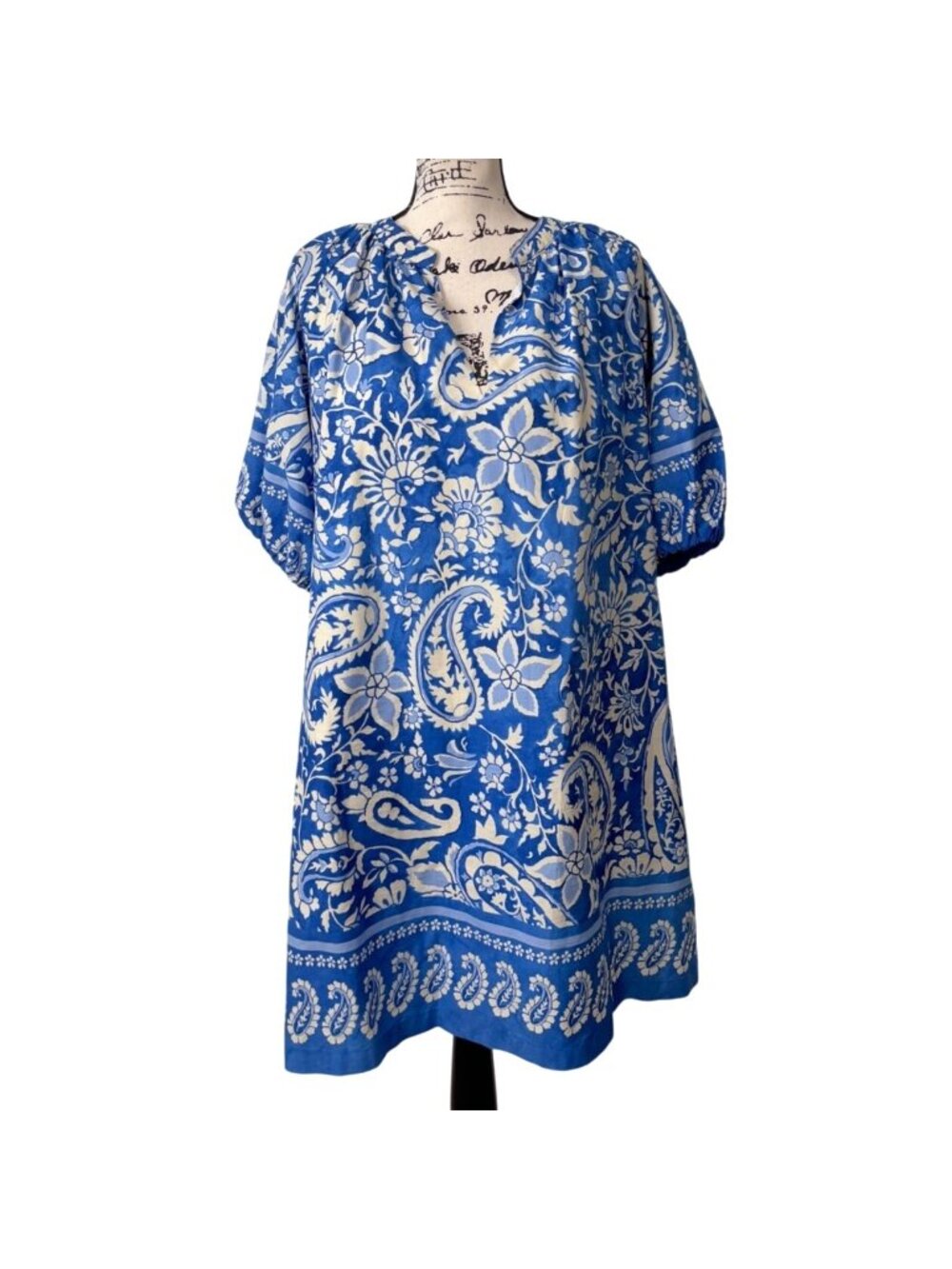 Karen Kane Womens Size L Puff Sleeve Peasant Dress Blue Floral Paisley Cotton